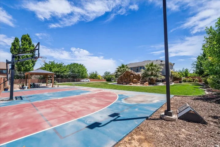 Outdoor sport court featuring red and blue surfacing, a basketball hoop, and surrounding green lawn