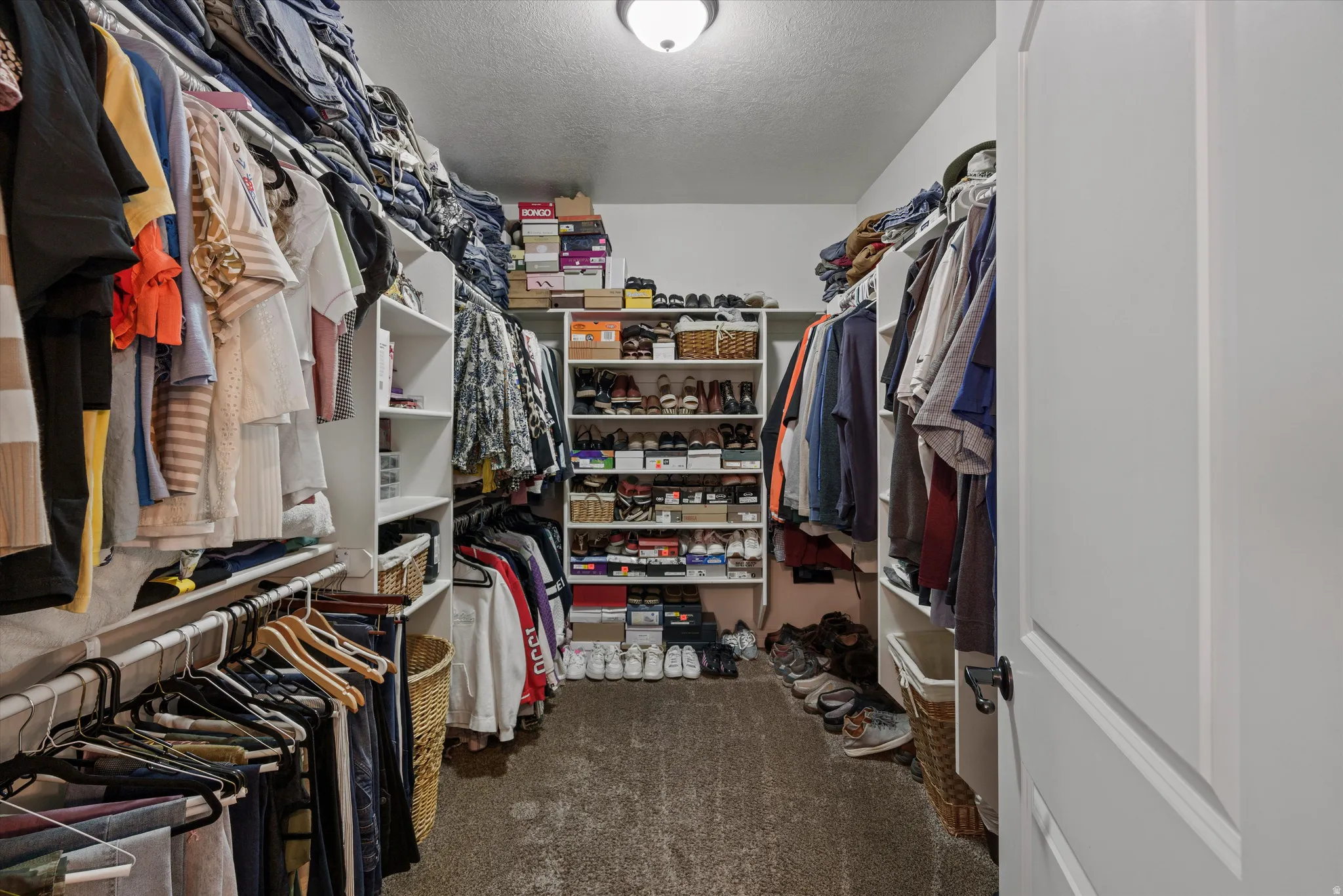 Walk-in closet featuring built-in shelving, clothing rods, overhead lighting, and carpet flooring