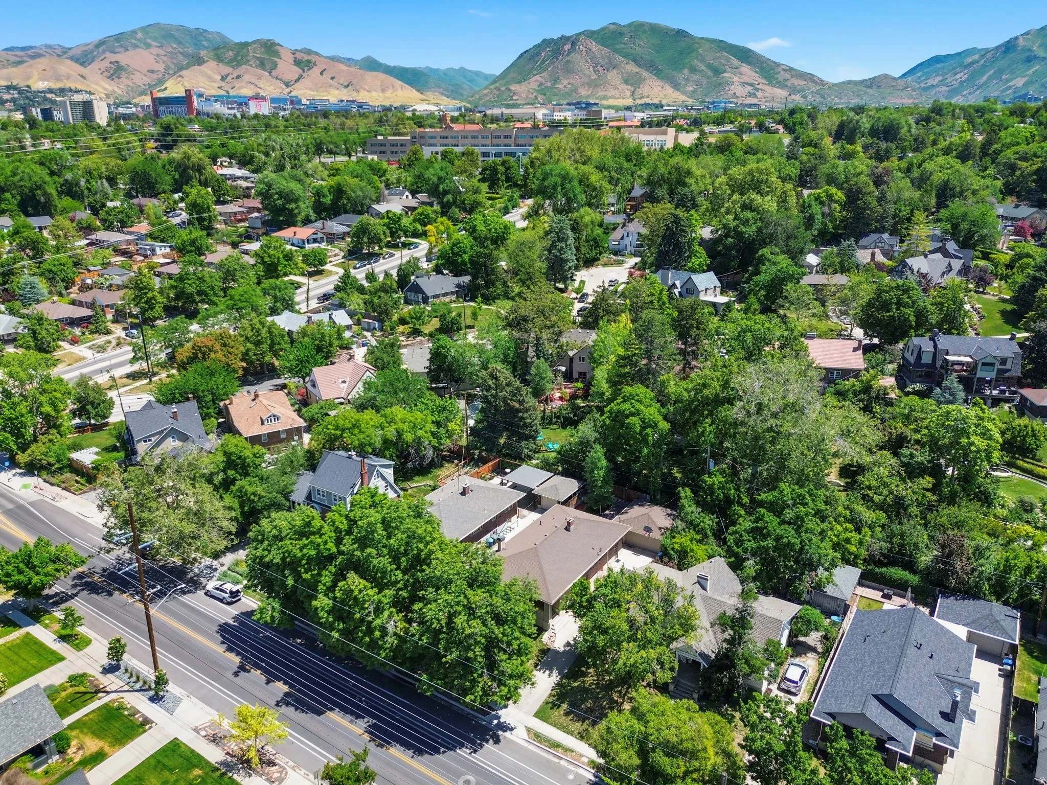 Expansive aerial perspective showcasing a residential neighborhood with varied architectural styles under a clear sky