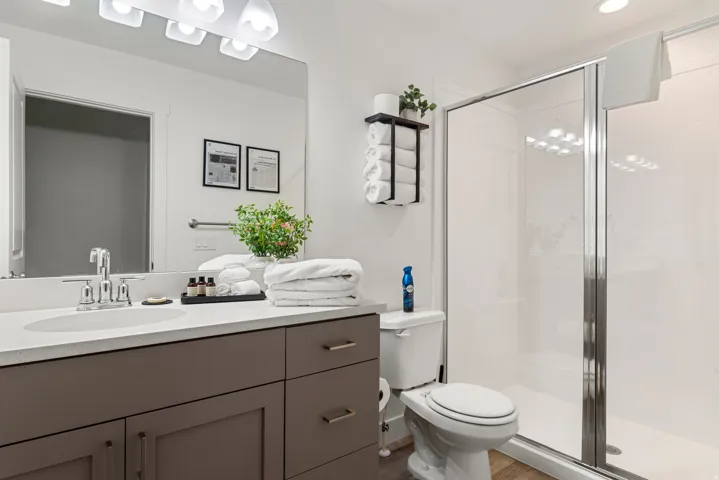 Modern bathroom with a spacious walk-in shower featuring a clear glass enclosure