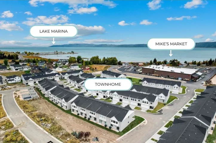 Aerial perspective showcasing a community of townhomes
