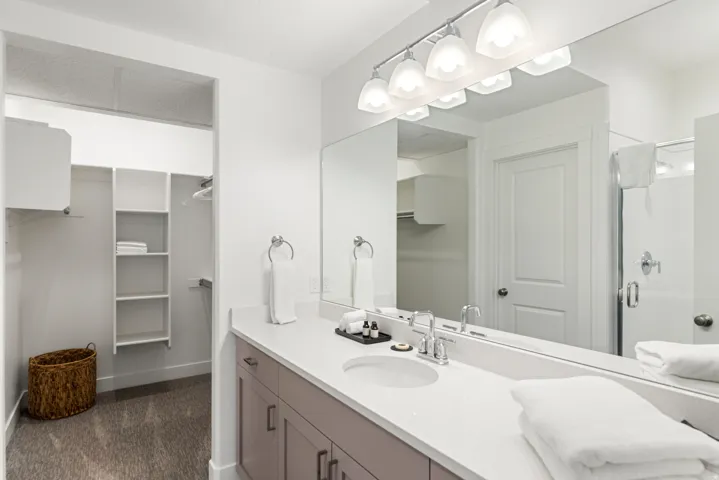 Bathroom vanity with light gray cabinetry, a white countertop, and a single undermount sink