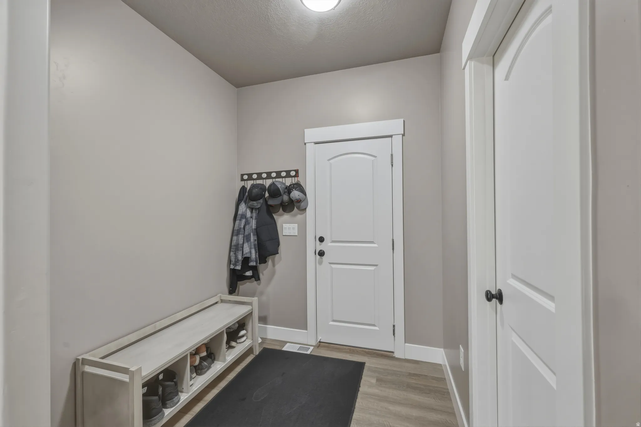Entryway with wood-finish flooring, light grey walls, and white trim
