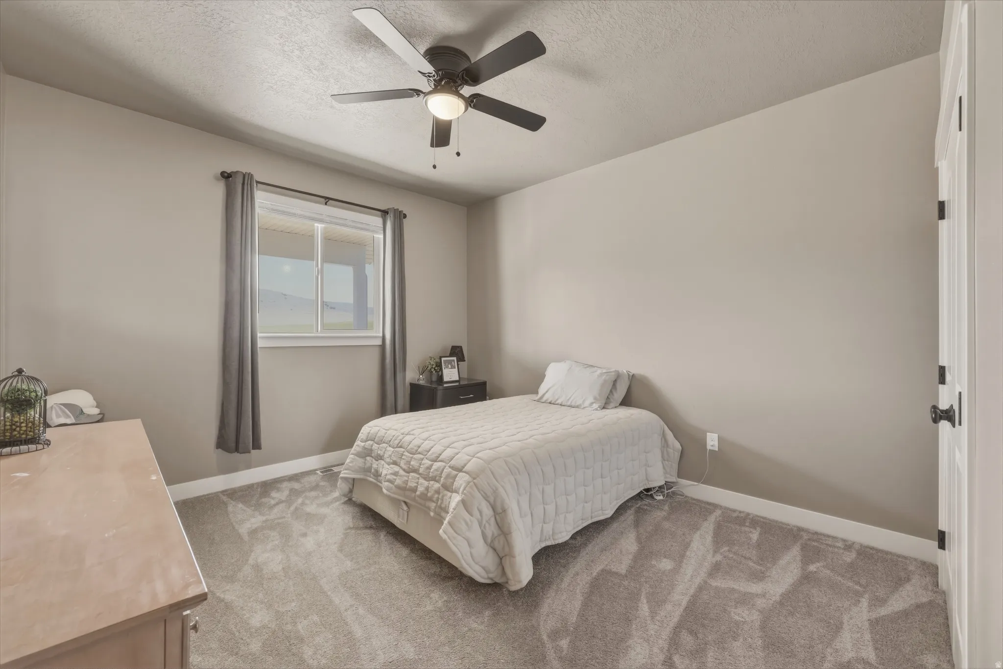 Neutral wall paint colors complement the textured gray carpeting