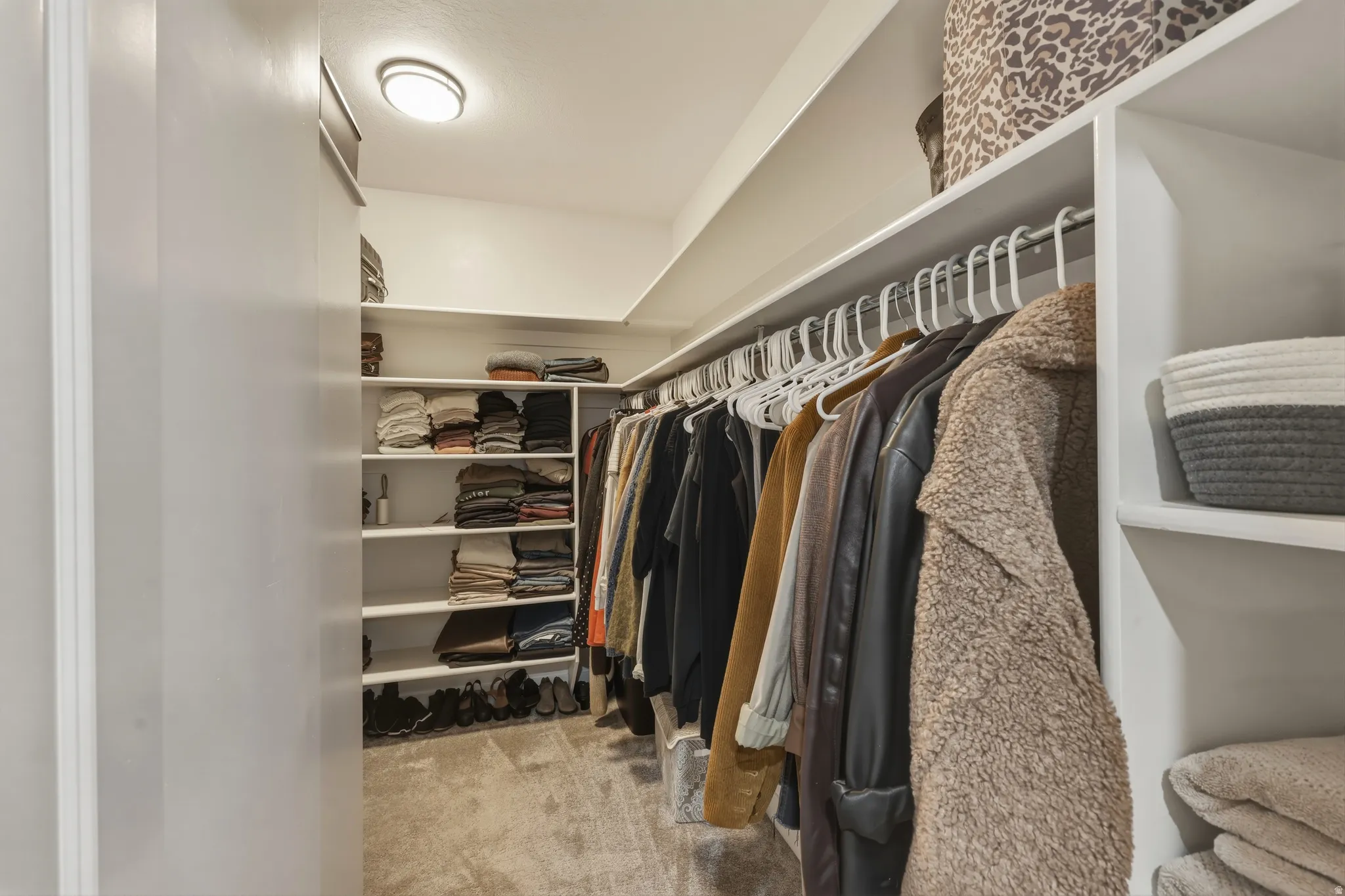 Custom closet system featuring extensive shelving and multiple hanging rods