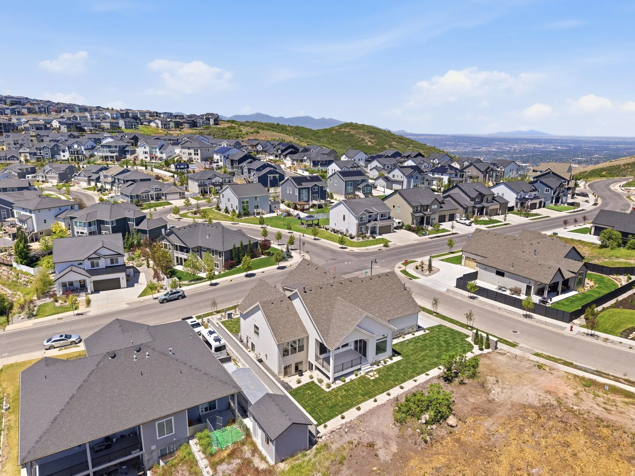 Modern residential development featuring varied architectural styles and mature landscaping