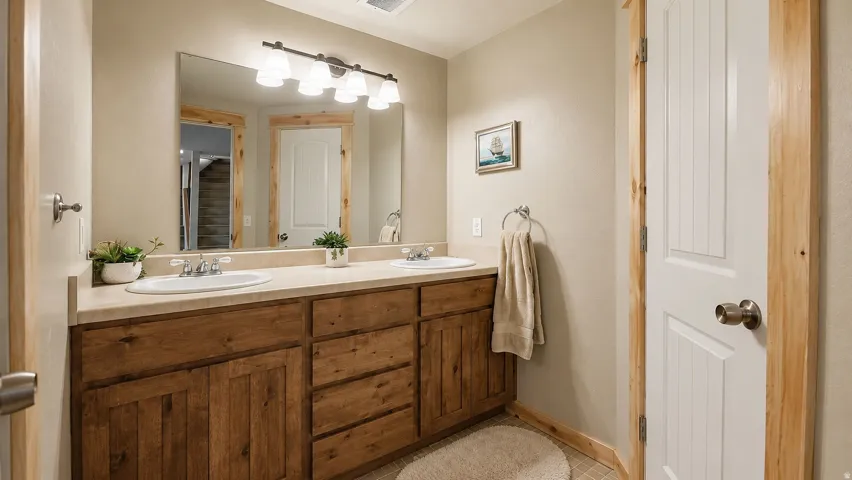 Dual vanity with wood-finish cabinetry, integrated sinks, and a large mirror