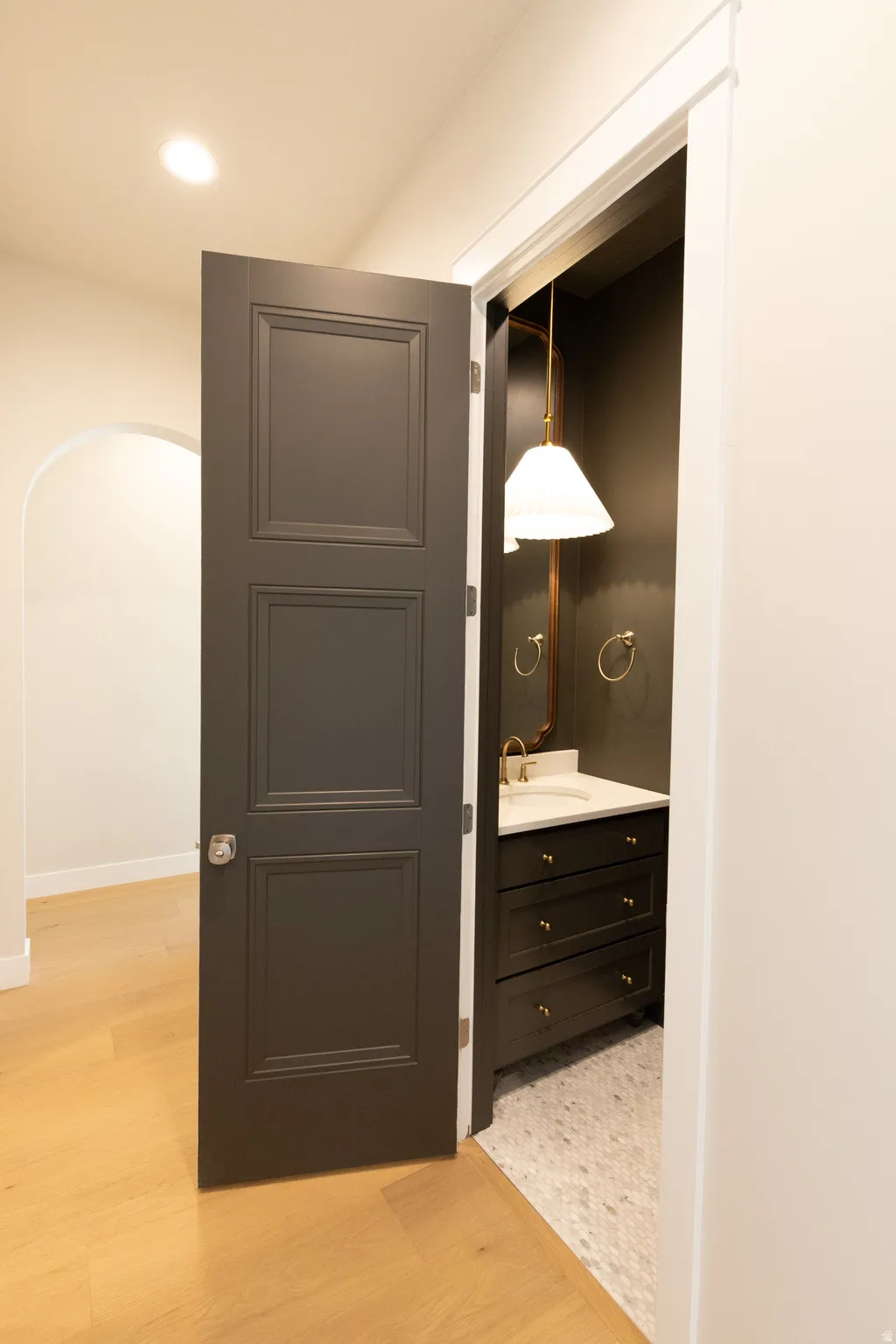 Powder room featuring a dark vanity with a white countertop, gold-toned hardware, and a unique pendant light fixture