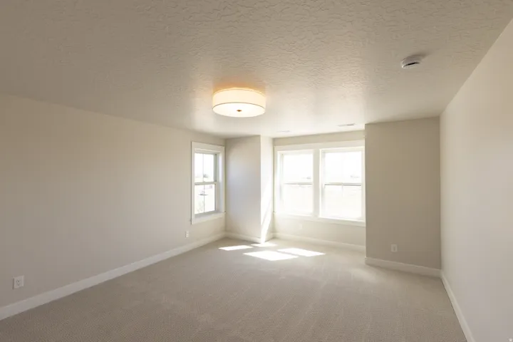 Neutral-toned carpeting extends throughout this room, featuring multiple windows with white trim and a ceiling-mounted drum light fixture