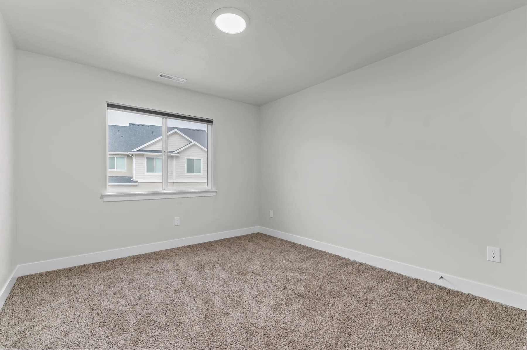 Bright room featuring neutral-toned carpet, a large window, white baseboards, a flush-mount ceiling light, and light gray wall paint