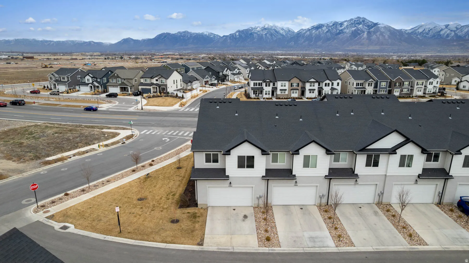 Contemporary townhome development featuring a row of units with attached garages