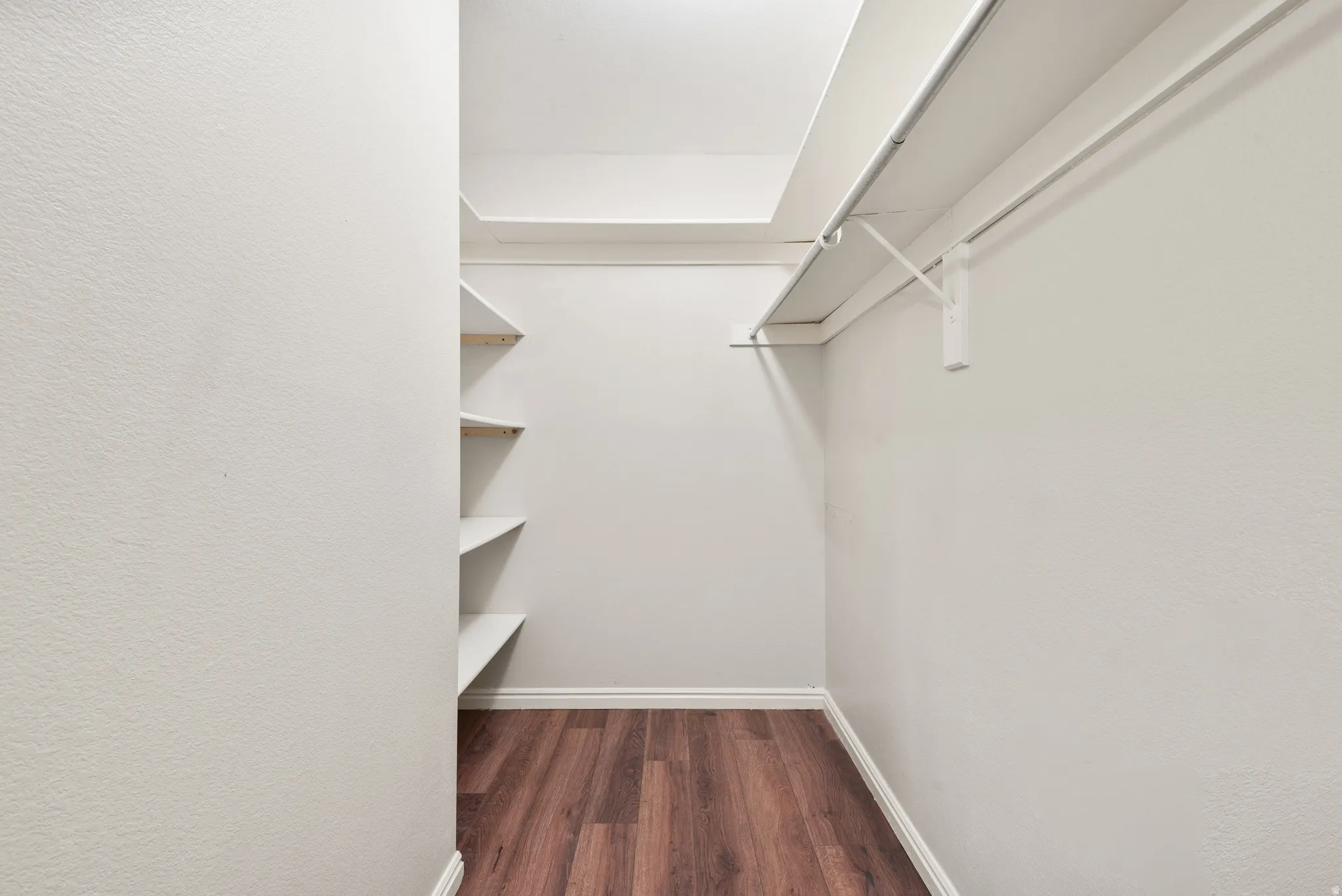Walk-in closet featuring wood-finish flooring, white walls, built-in shelving, and a clothing rod with overhead storage
