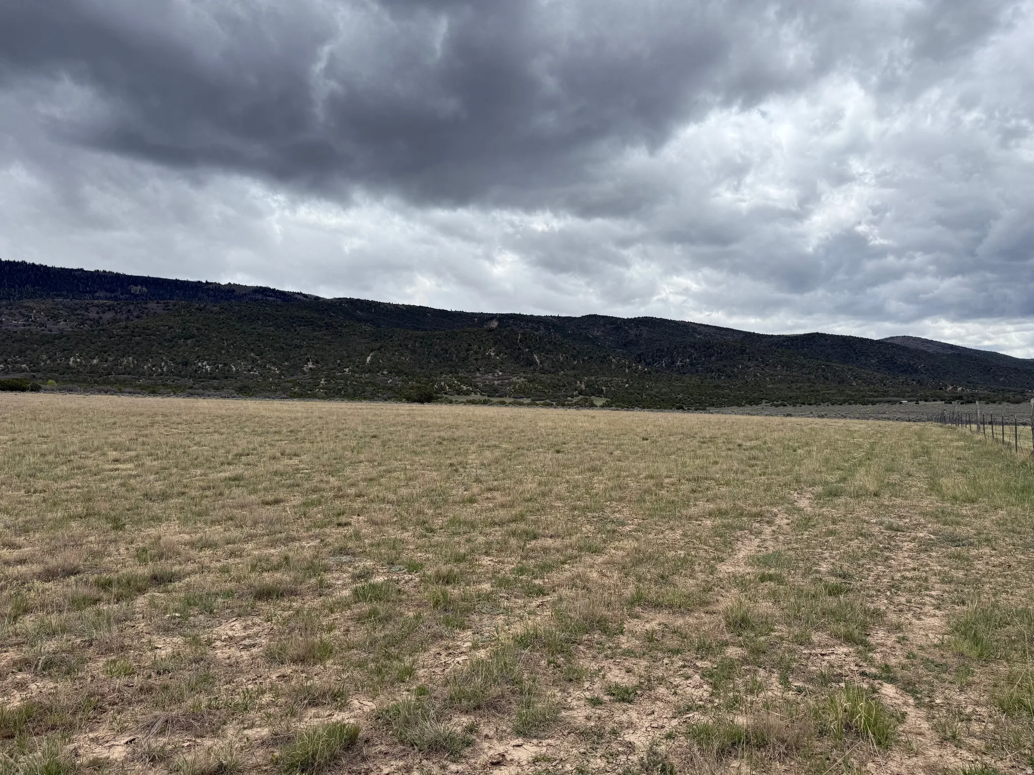 Expansive open land with natural ground cover, bordered by a wire fence
