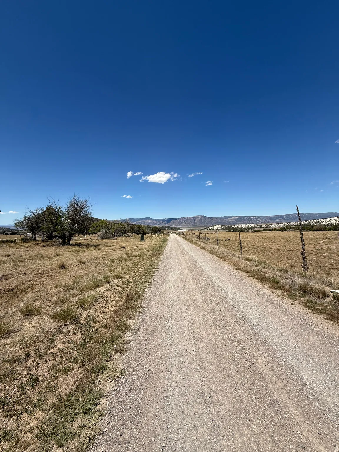 Gravel road extending through open land with distant mountains