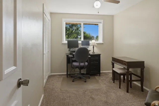 Neutral-toned room with carpeted flooring