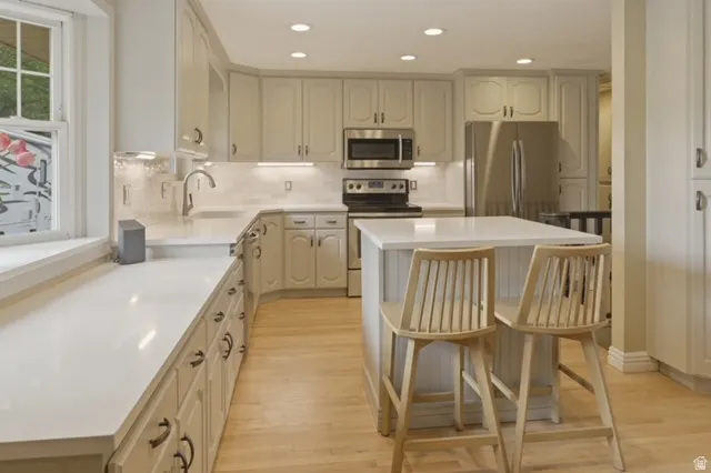 Kitchen featuring light-toned cabinetry, stainless steel appliances, a center island with seating, a window above an extended countertop, and wood-finish flooring