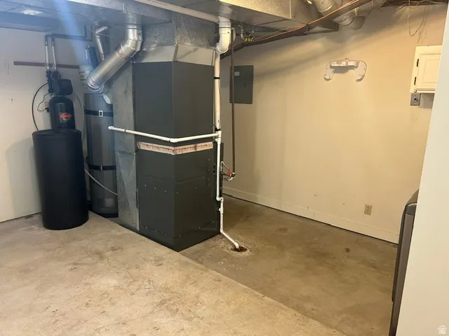 Utility area featuring a furnace, water heater, and water softener system