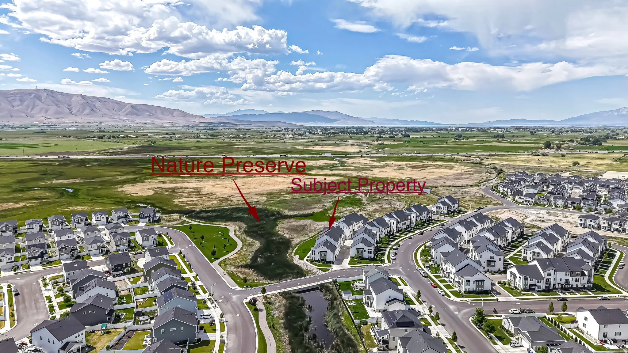 Expansive aerial perspective showcasing a residential development with mountain backdrops
