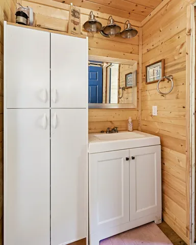 Plank wood walls featuring a vanity with integrated sink, chrome faucet, and mirrored medicine cabinet