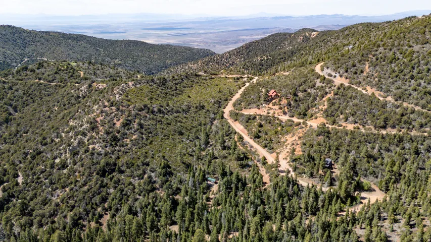 Expansive mountain property featuring varied topography, dense evergreen forestry, and visible dirt paths