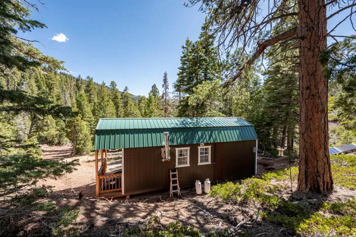 Compact cabin featuring a green metal roof, a brown siding exterior, and white-framed windows