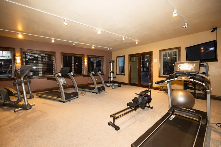 Spacious room with track lighting, multiple windows with blinds, double glass-paneled doors, and wall-mounted television