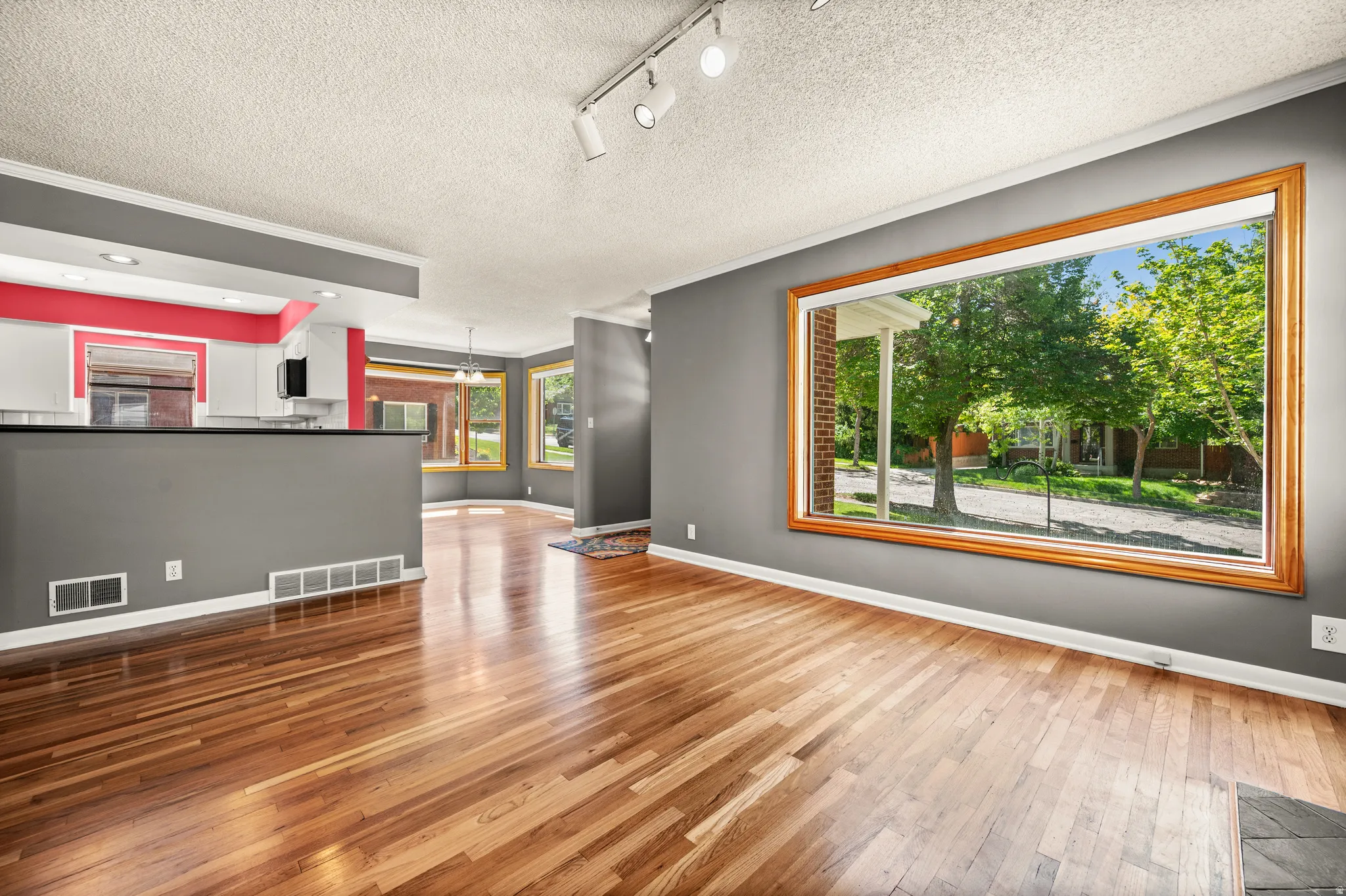 Hardwood flooring throughout the main living area