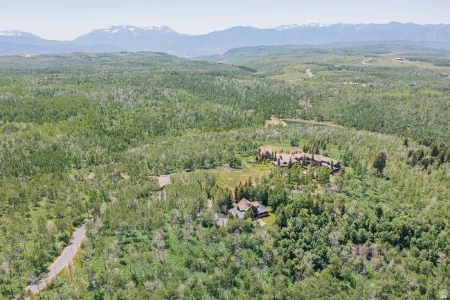 Aerial perspective showcasing a property surrounded by extensive natural landscaping and mature trees