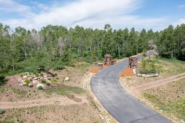 Paved driveway entrance featuring stone pillars and surrounding natural landscaping
