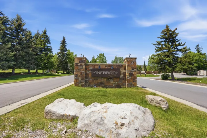 Stone-clad monument sign with "PINEBROOK" lettering, flanked by mature evergreen trees and a clear blue sky