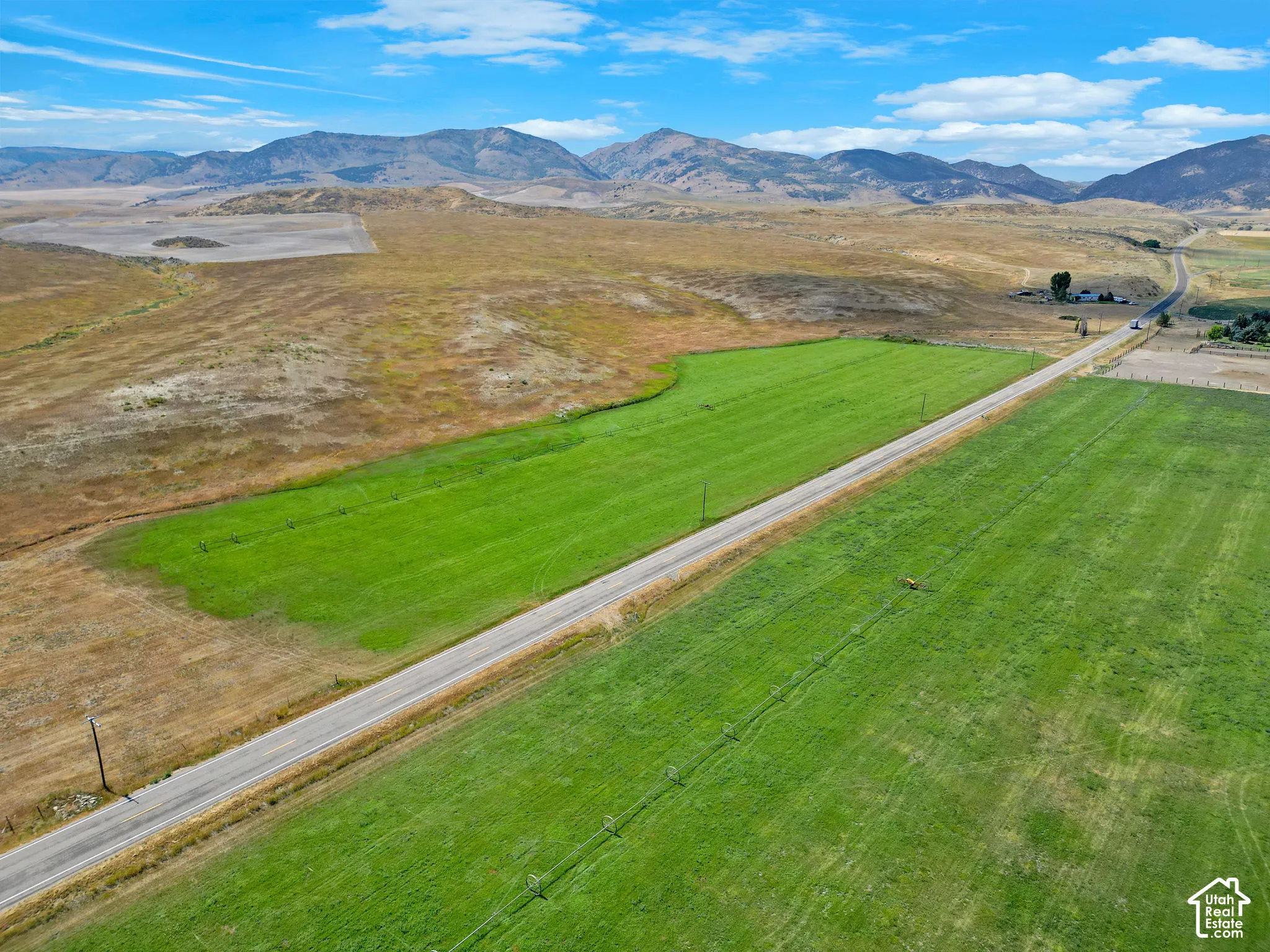 Expansive green fields bordering a paved road, set against a backdrop of distant mountains