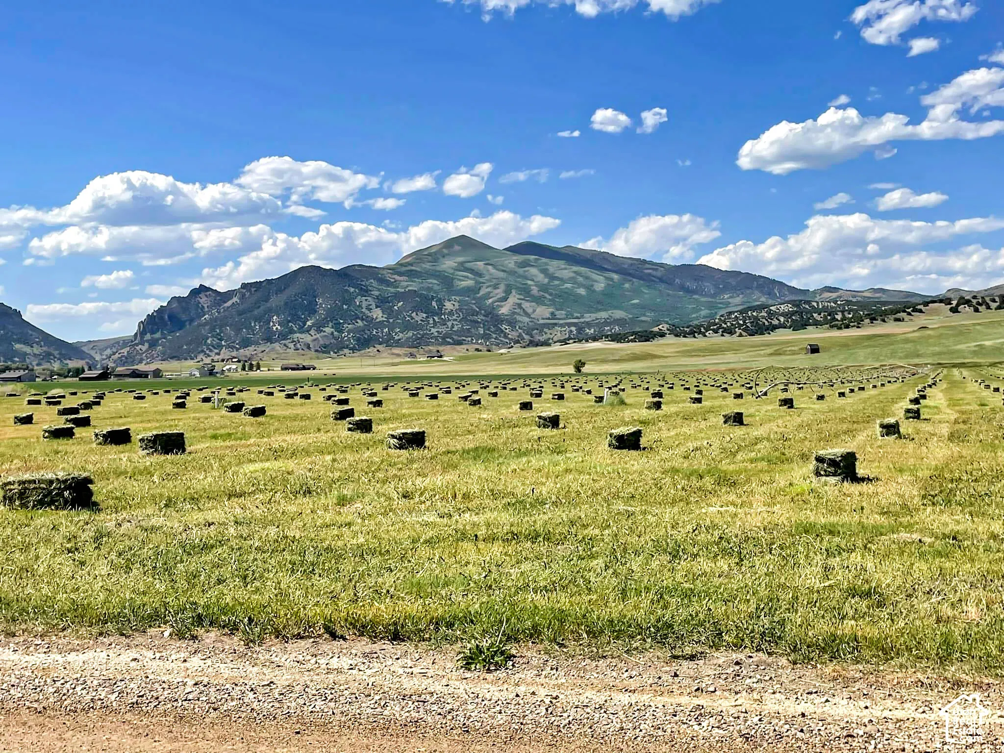 Expansive agricultural field with cut hay bales, surrounded by distant mountains and a gravel road