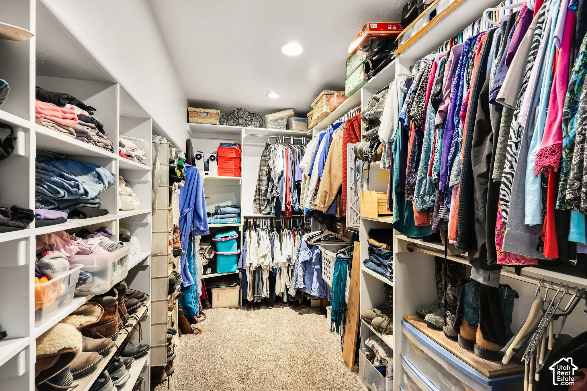 Spacious walk-in closet featuring extensive built-in shelving, multiple hanging rods, recessed lighting, and carpet flooring