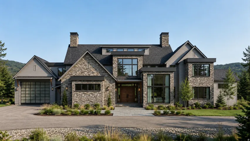 Contemporary stone and siding exterior featuring a multi-gable roofline, a full-view garage door, a prominent stone chimney, and large pane windows