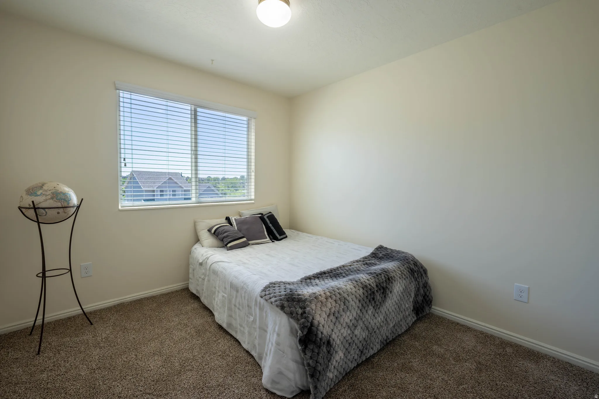 Carpeted room featuring a double window with blinds, a neutral wall color, and a ceiling-mounted light fixture