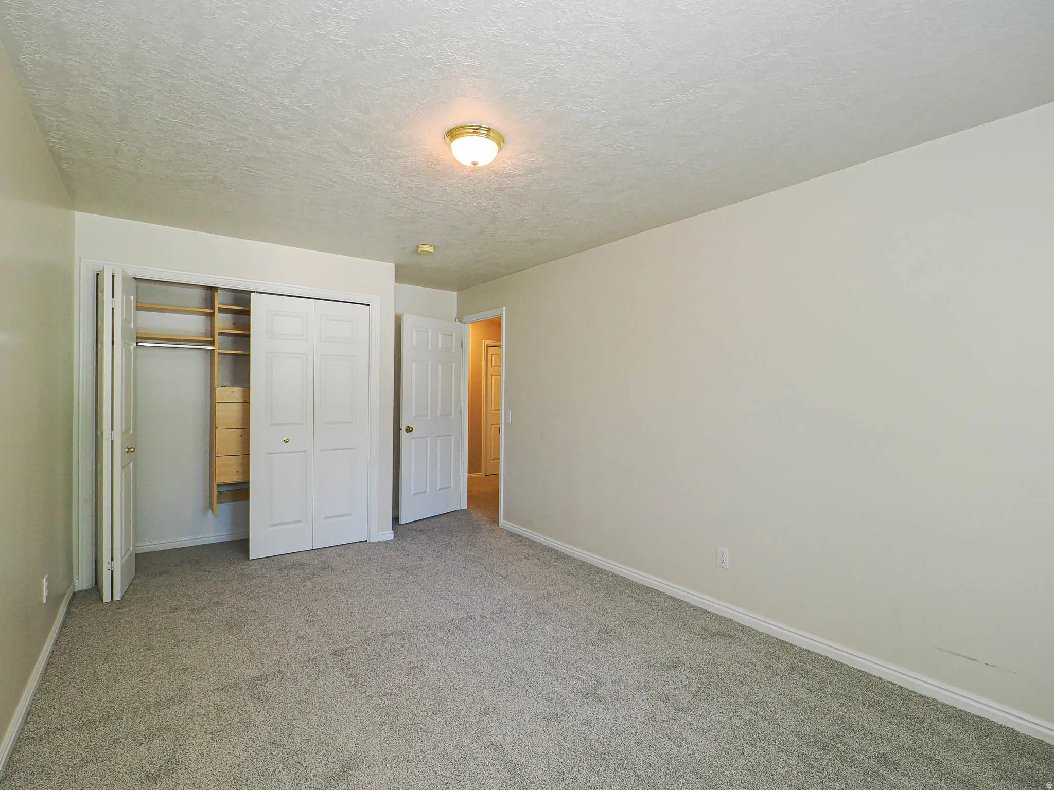 Carpeted room featuring a ceiling-mounted light fixture, neutral wall finishes, and white baseboards