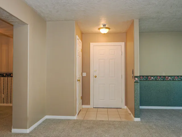 Foyer with a paneled entry door, flush mount ceiling light, and tile flooring