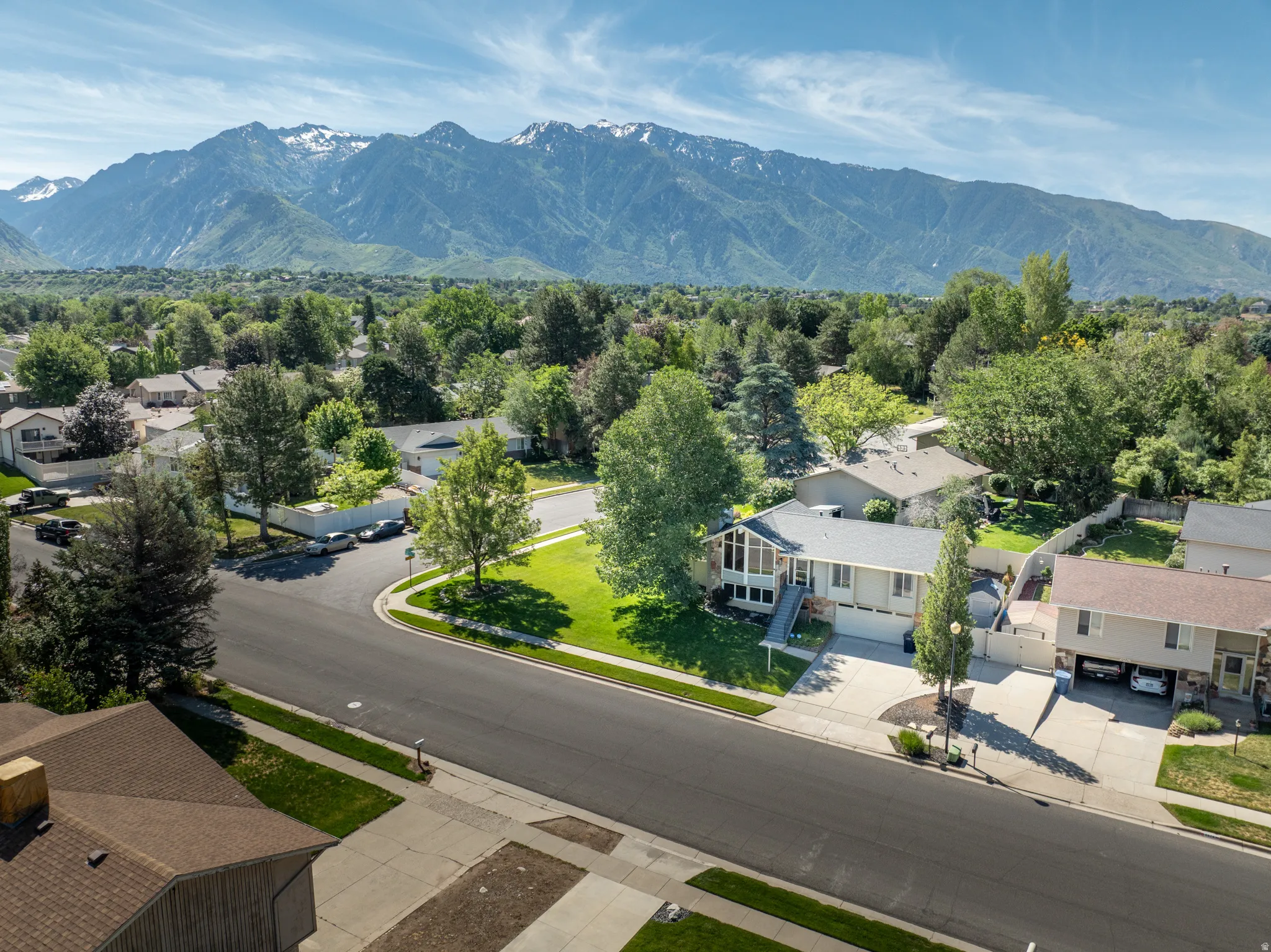 Suburban neighborhood featuring varied architectural styles and mature trees