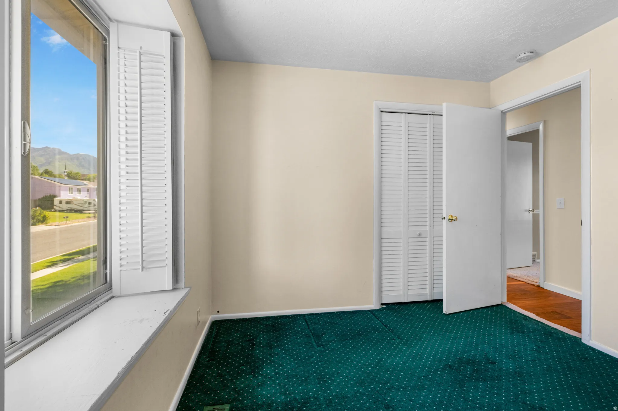 Window featuring louvered shutters and exterior scenery
