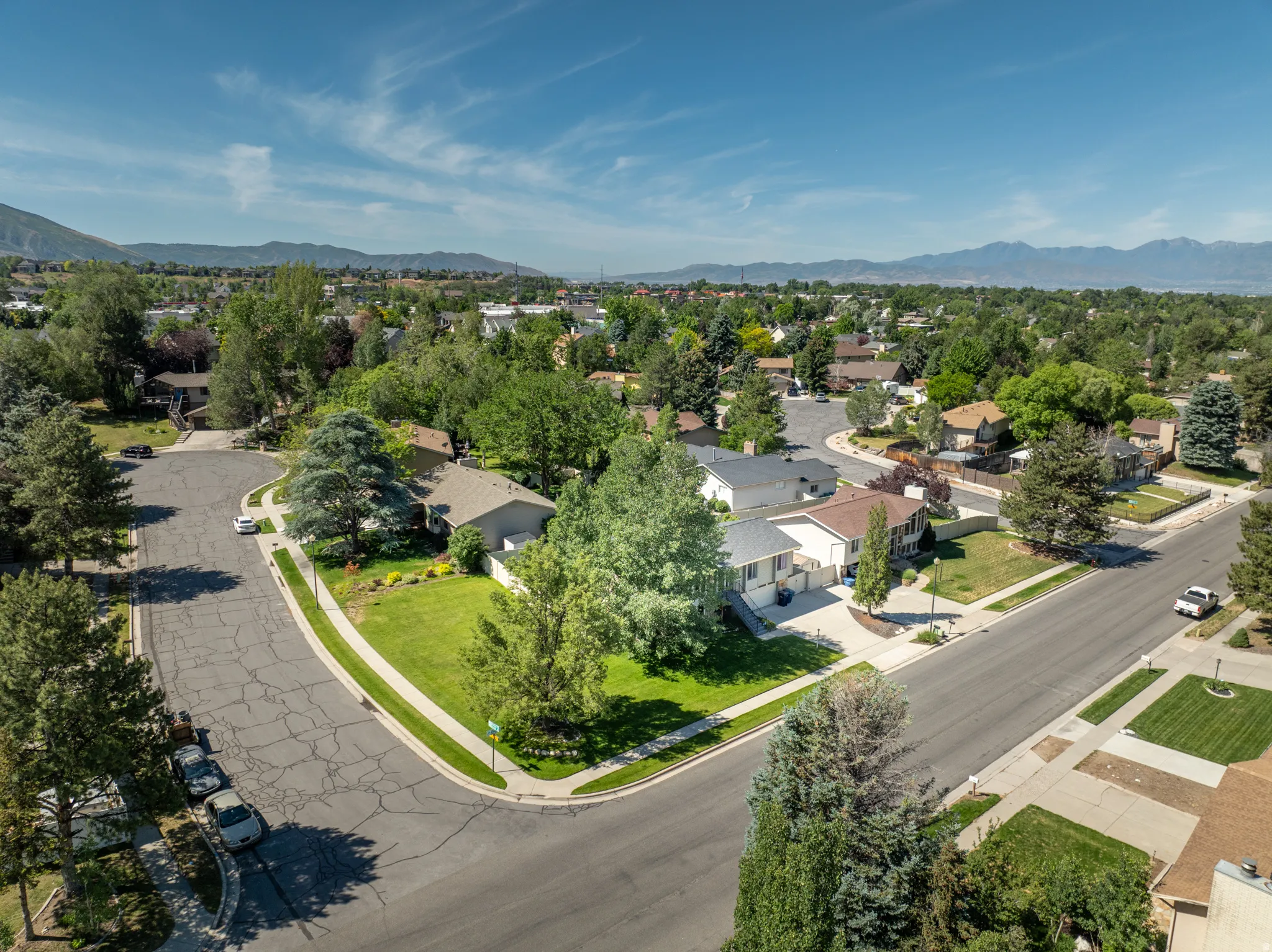 Suburban neighborhood with mature trees, green lawns, and paved streets