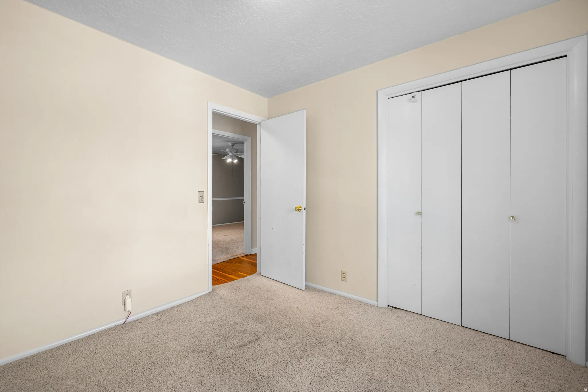 Neutral-toned walls complement light-colored carpet flooring