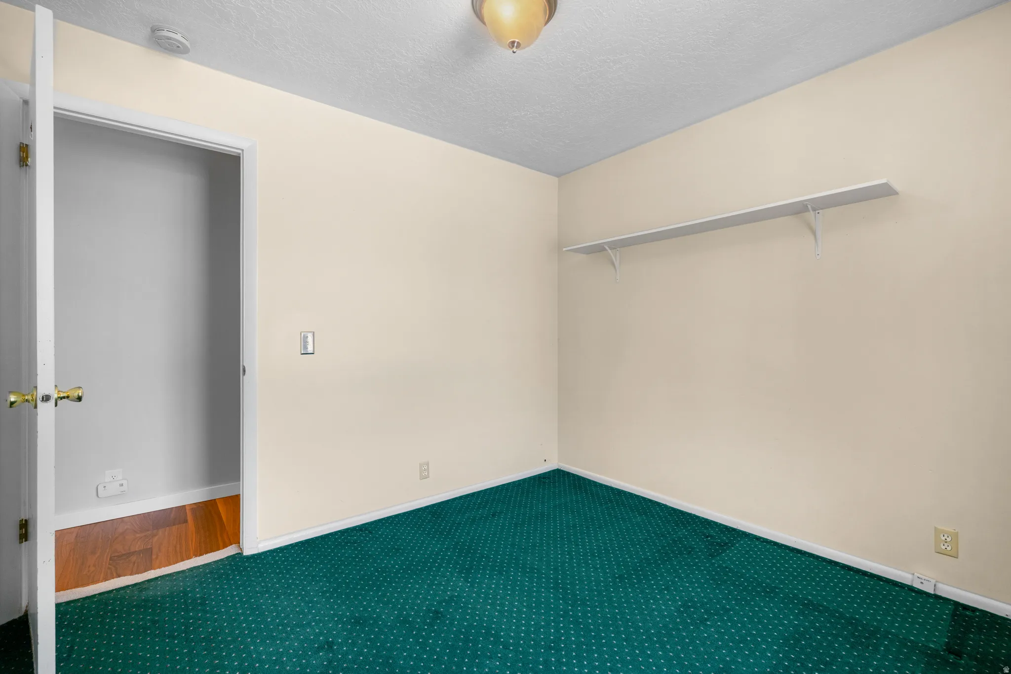 Room with green patterned carpeting, light beige walls, and white baseboards