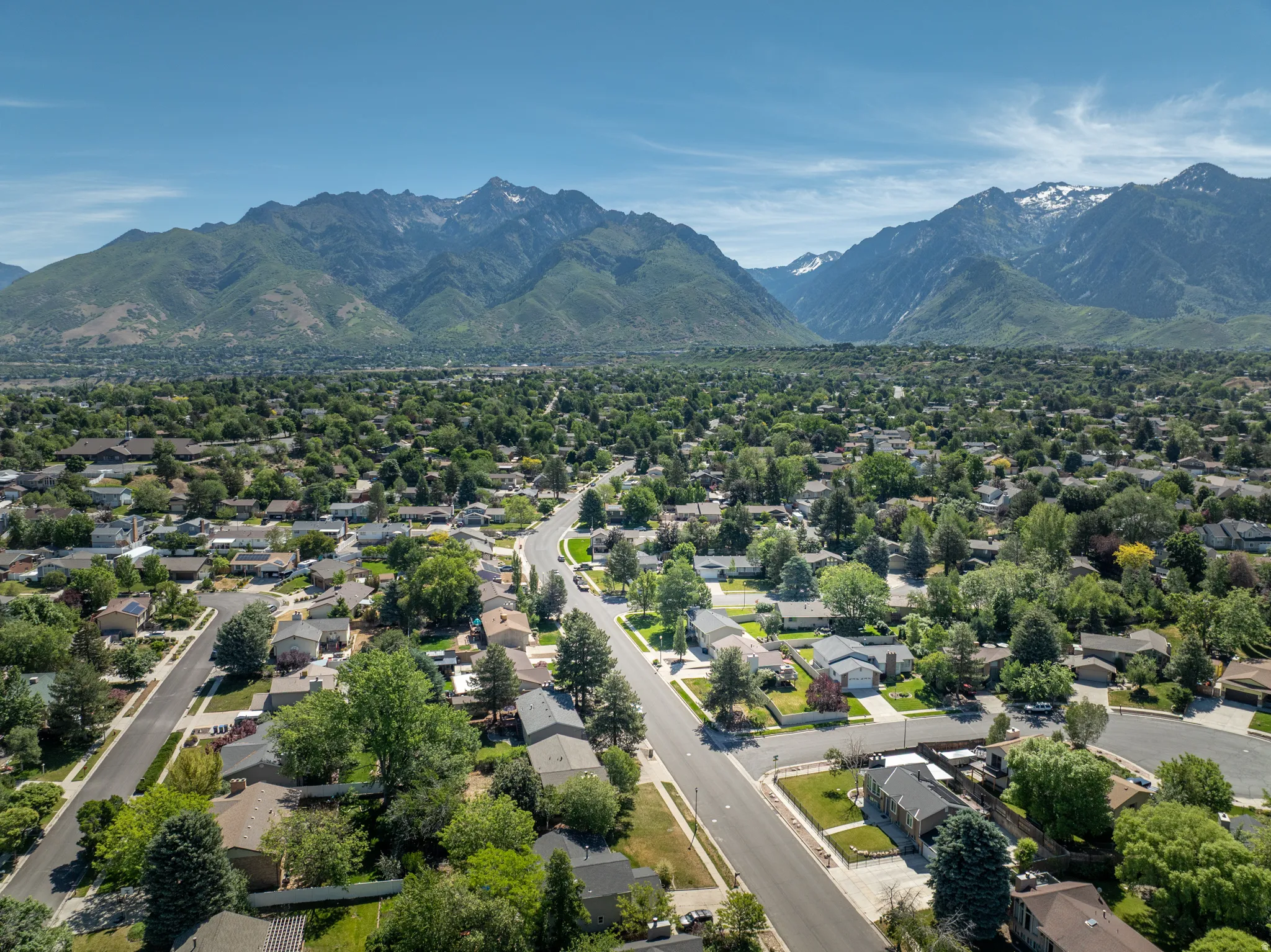 Sprawling residential area featuring tree-lined streets and varied single-family homes