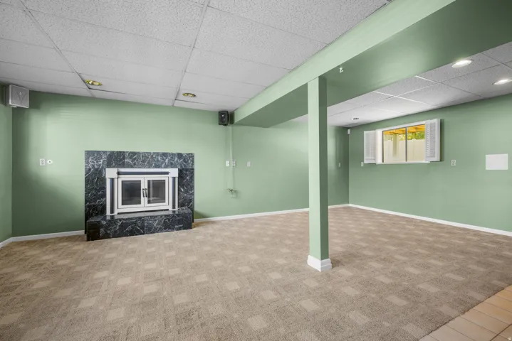 Spacious room featuring a dark stone fireplace with a glass enclosure, patterned carpet, light green walls, a drop ceiling with recessed lighting, and a window with white louvered shutters