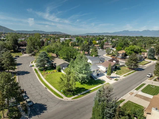 Suburban neighborhood with mature trees, green lawns, and paved streets