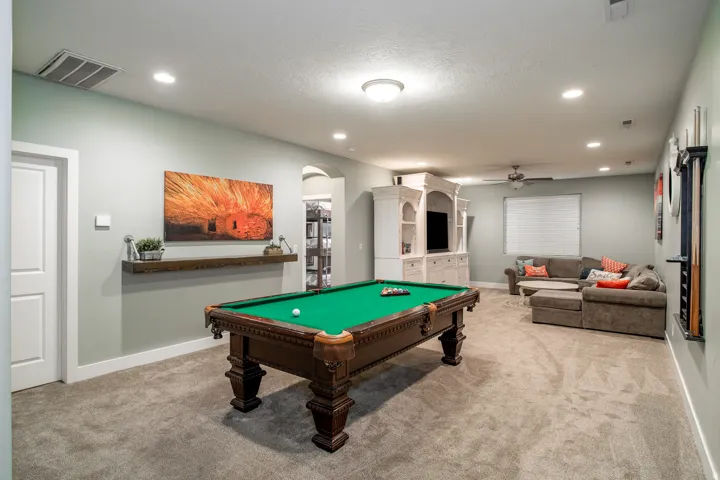 Recreational space featuring a billiards table, recessed lighting, and soft carpet flooring
