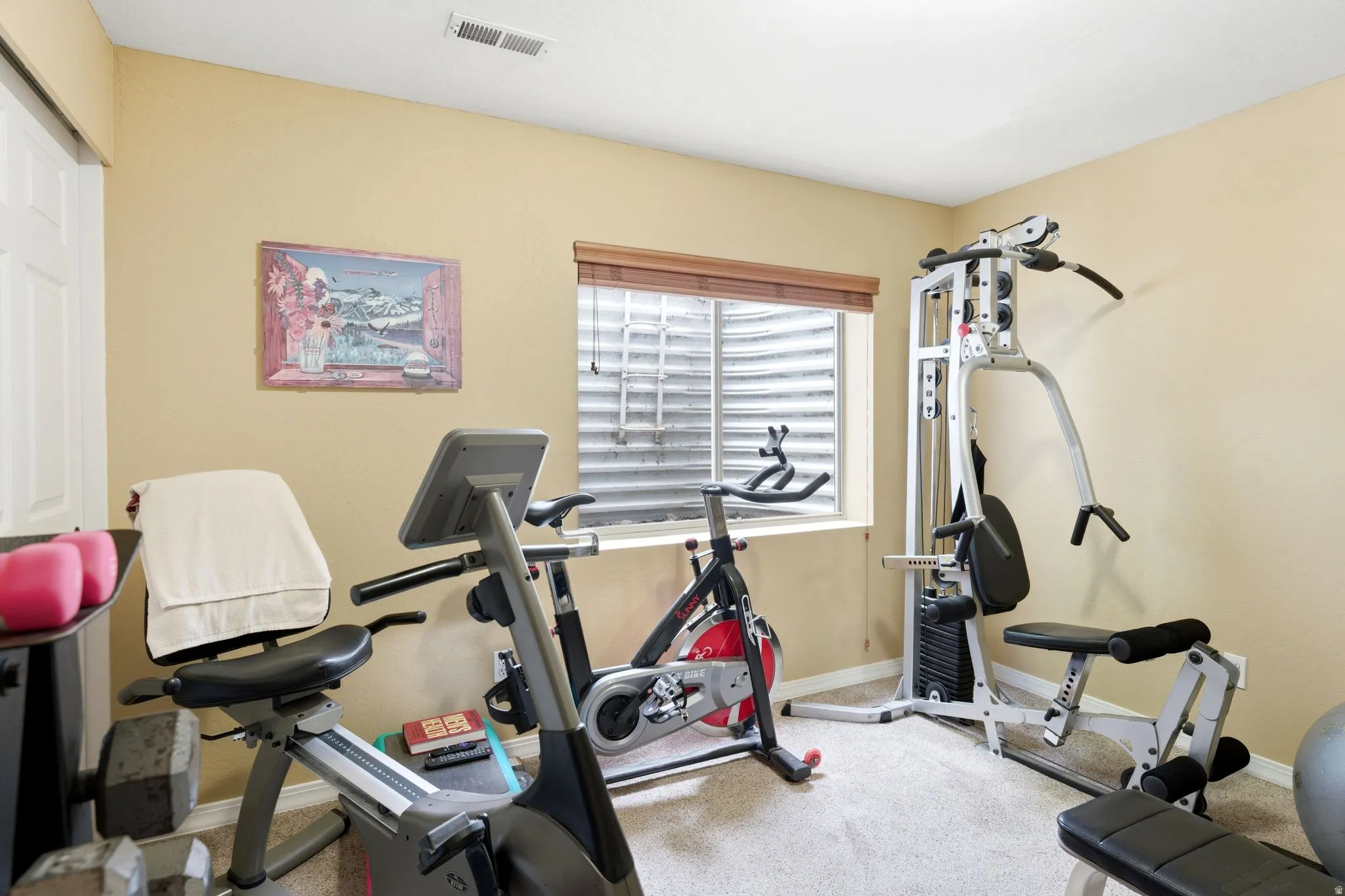 Versatile room featuring light-toned carpeting and a single window with blinds