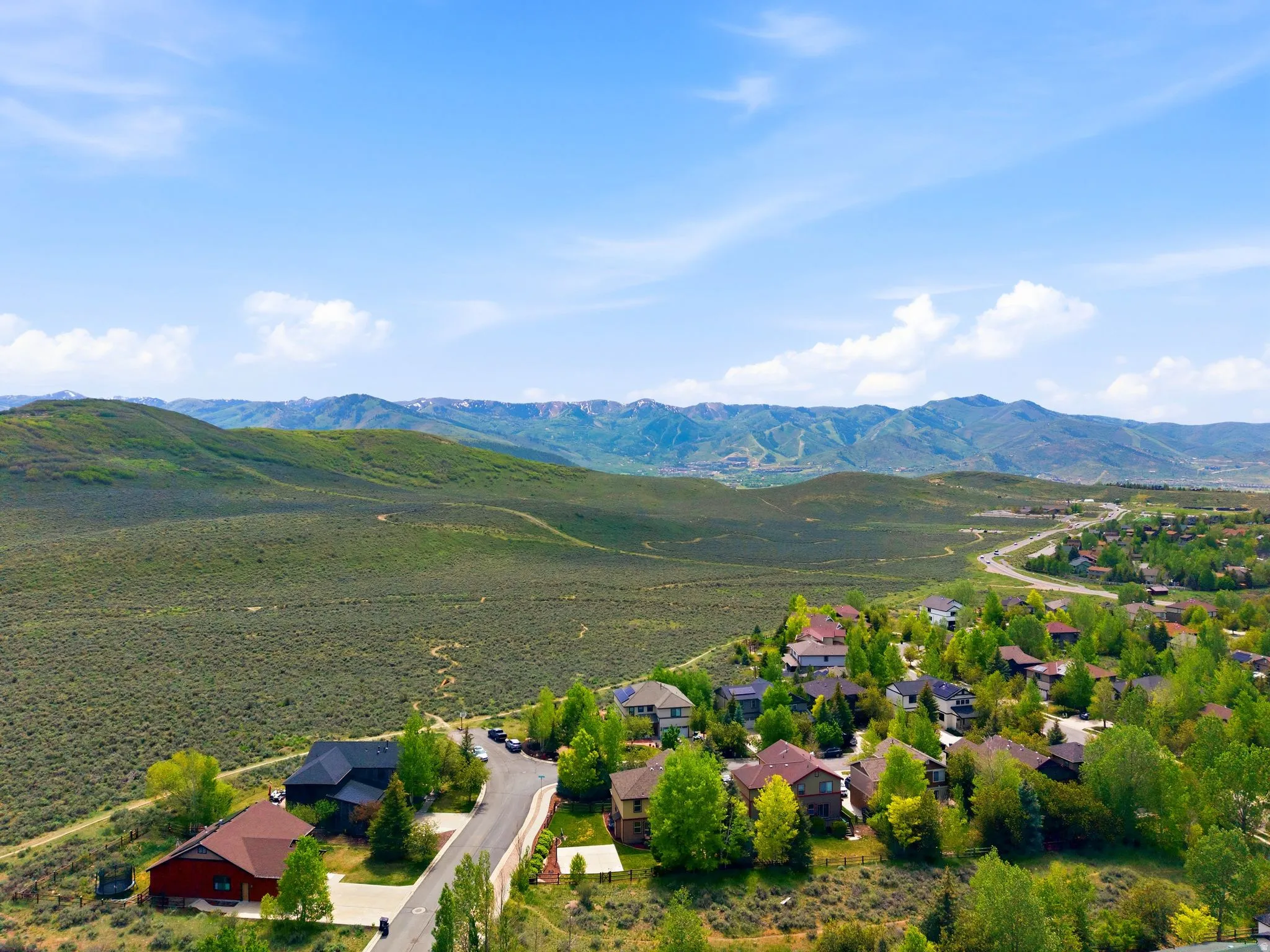Residential development featuring diverse architectural styles, mature trees, and mountainous terrain