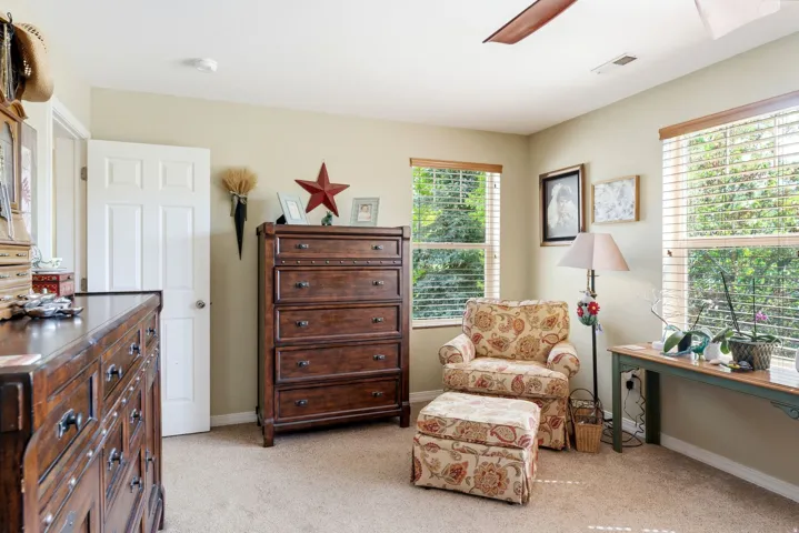 Textured carpet flooring, neutral painted walls, white trim, and multiple windows with blinds