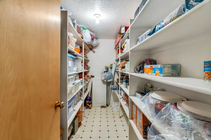 Walk-in pantry featuring white shelving, light wood door, and a black and white checkered floor pattern